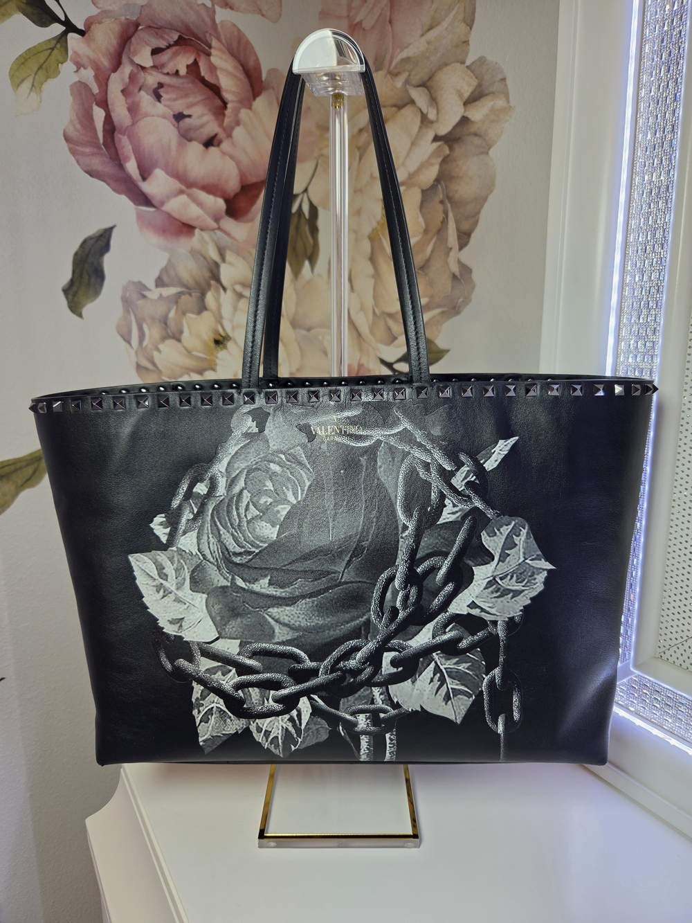Authentic Valentino Garavani x Undercover Rockstud Rose Black Leather Tote